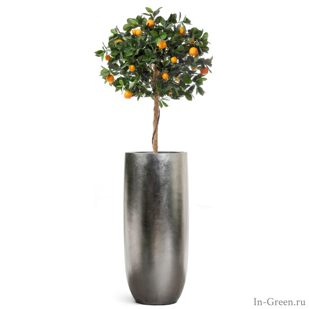 Мандариновое дерево Голден Оранж искусственное с плодами на штамбе в кашпо стальное серебро | 195 см